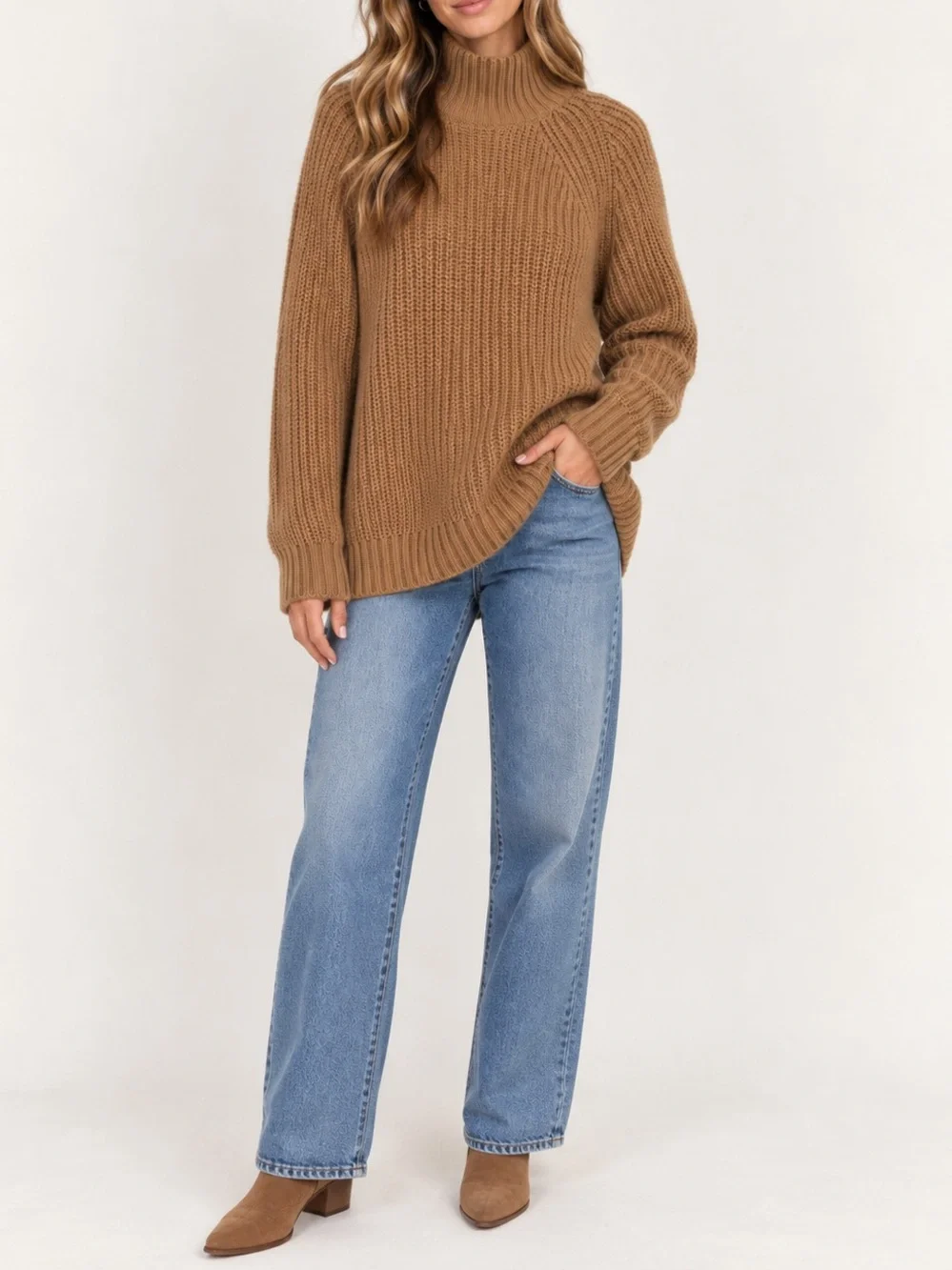 H&M Chunky Knit Turtleneck Sweater Oversized Camel Brown Tan Size XL